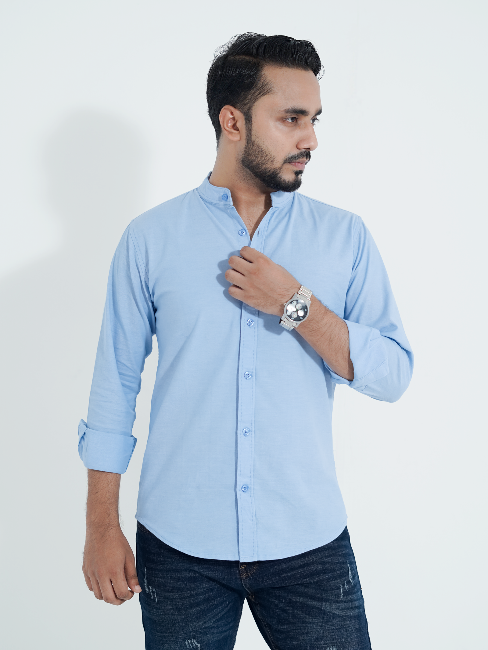 Band Collar Sky Blue Shirt - Image 3