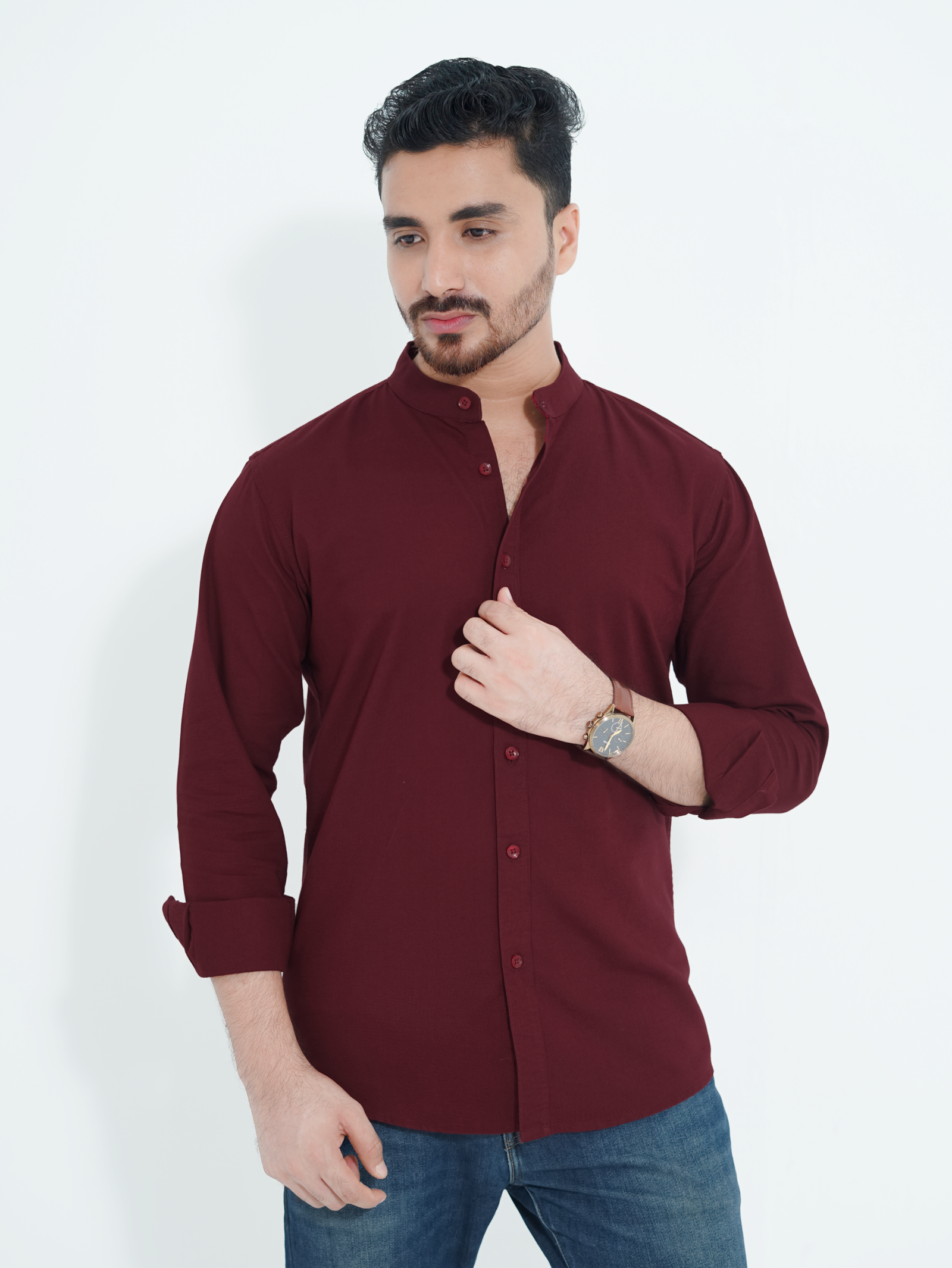 Band Collar Maroon Shirt - Image 3